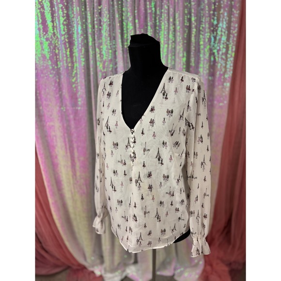 Maison Jules Tops - Maison Jules Womens White Eiffel Tower Paris Print V-Neck Blouse Size Medium